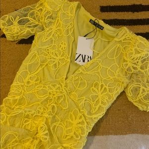 Zara Yellow Elastic Embroidered Dress